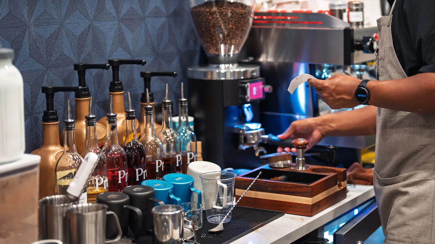 Specialty syrups and bar setup at Randy's Coffee Cafe